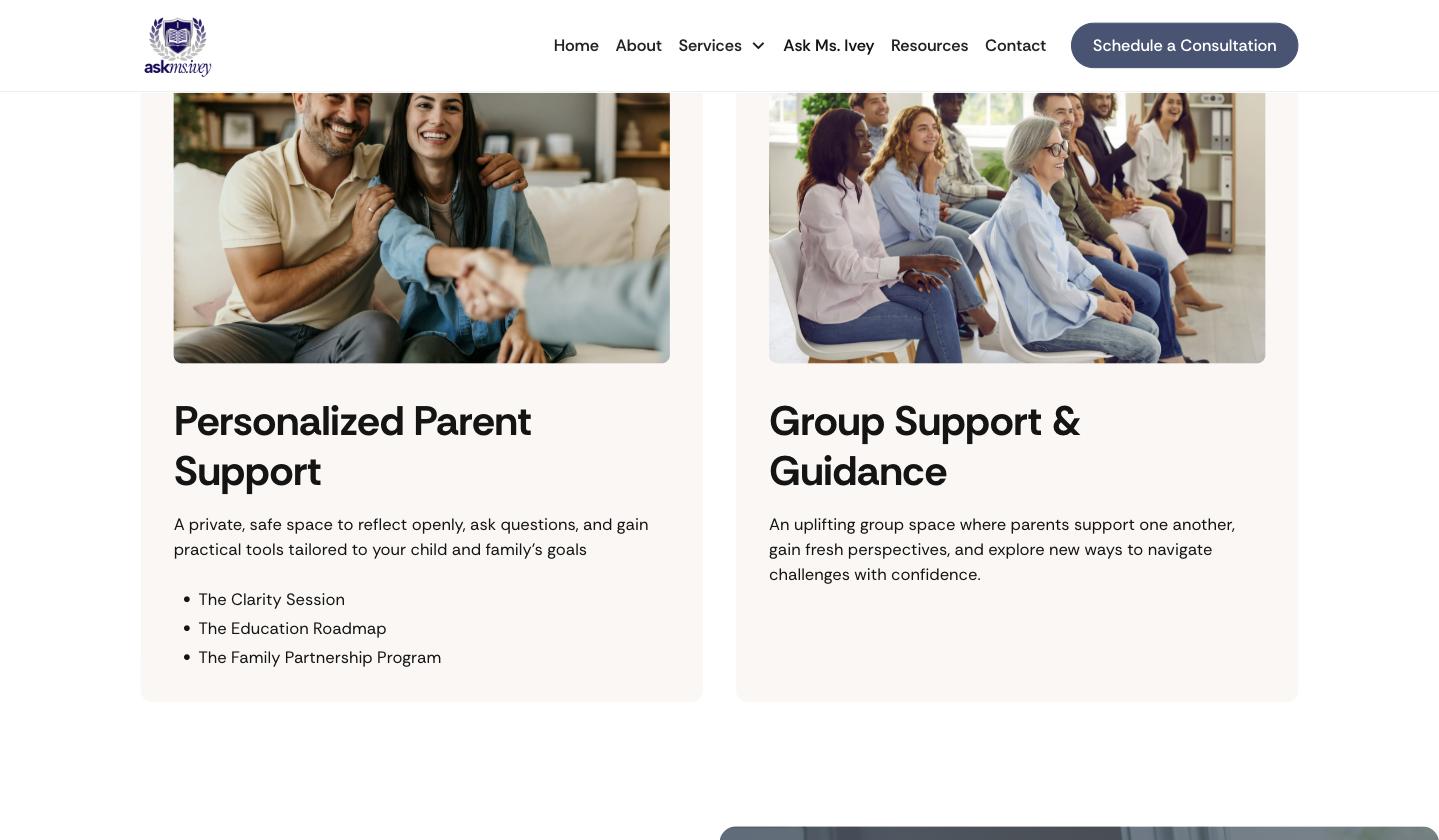 Earlier Ask Ms. Ivey services page with broad categories and no direct purchase path