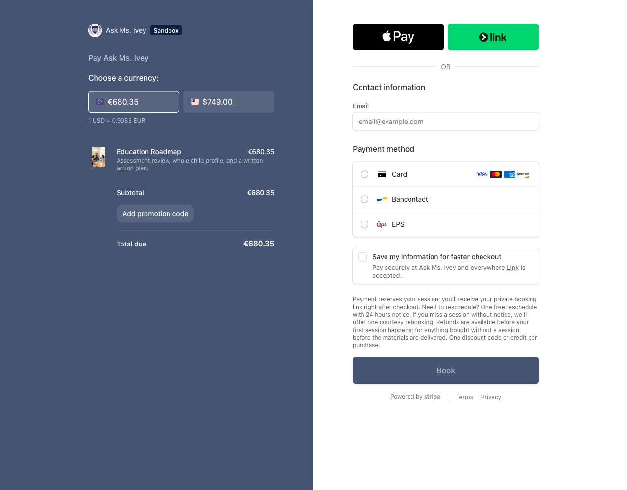 Branded Ask Ms. Ivey Stripe checkout in a sandbox verification environment