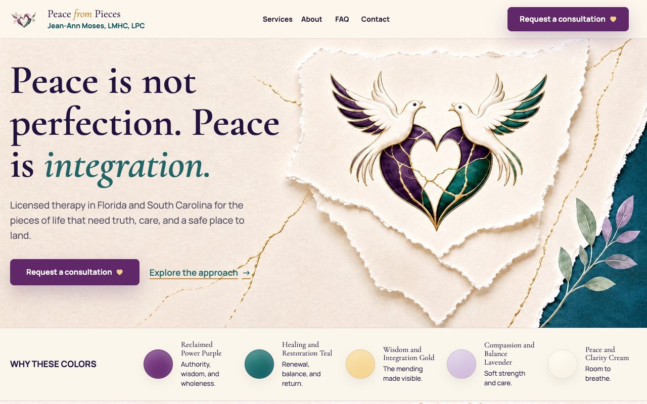 Peace From Pieces homepage hero with the logo and the consultation button